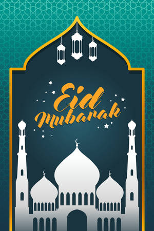 A vector illustration of Eid Mubarak Celebration Greeting Card with mosque and lanterns.のイラスト素材