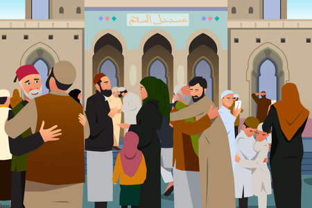 A vector illustration of Muslims Embracing Each Other After Prayer in Mosque のイラスト素材