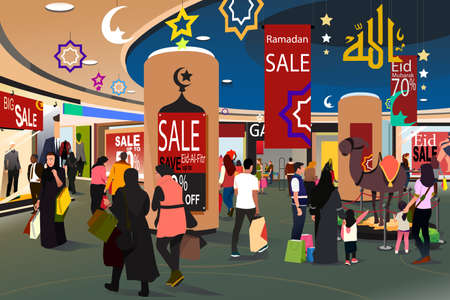 A vector illustration of Muslim People Shopping During Ramadan Eid-Al-Fitr Saleのイラスト素材