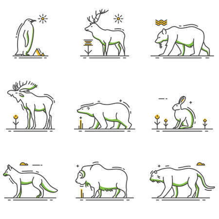 A vector illustration of Winter Animals Cartoon in Outline Set