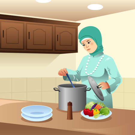 A vector illustration of Muslim Woman Cooking at Homeのイラスト素材