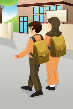 A vector illustration of Boy and Muslim Girl Students Walking to Schoolのイラスト素材