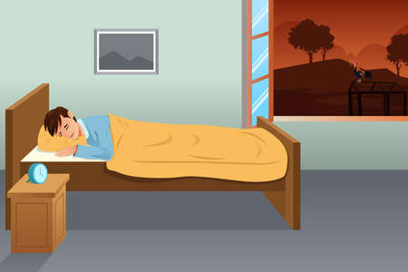 A vector illustration of Sleeping Man With Rooster Callingのイラスト素材