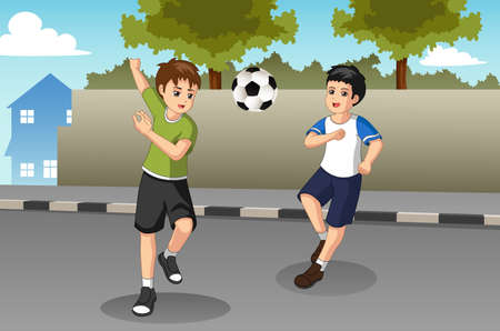 A vector illustration of Kids Playing Soccer on The Streetのイラスト素材