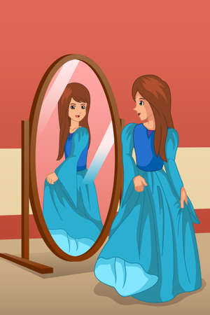 A vector illustration of Girl Wearing a Dress Looking at Mirrorのイラスト素材