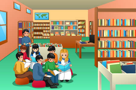 A vector illustration of Group of School Kids Studying in Libraryのイラスト素材