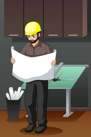A vector illustration of Architect Looking at Blueprint のイラスト素材