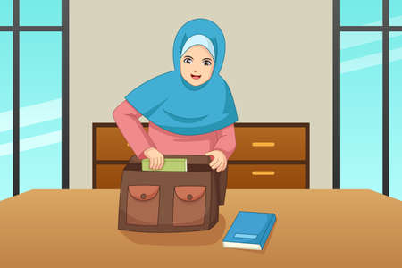 A vector illustration of Muslim Girl Putting Book Inside a Bagのイラスト素材