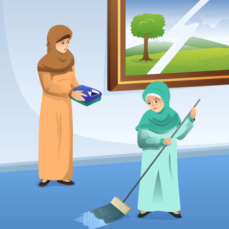 A vector illustration of Muslim Mother and Daughter Doing Chores at Homeのイラスト素材