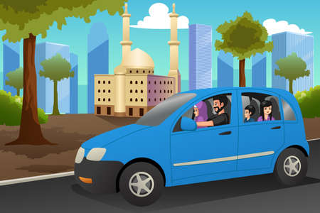 A vector illustration of Muslim Family Driving in a Carのイラスト素材