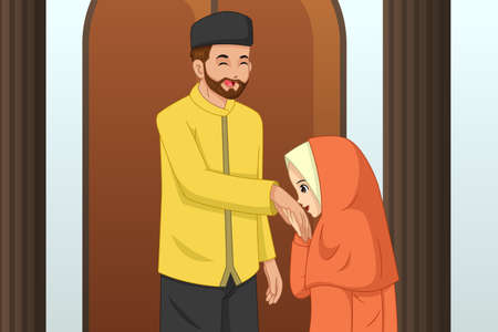 A vector illustration of Muslim Girl Kissing Her Father Handのイラスト素材