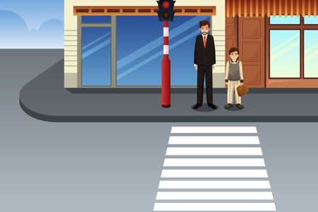 A vector illustration of Father and Son Waiting at Traffic Lightのイラスト素材