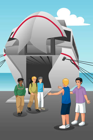 A vector illustration of Young Men Coming Out from the Ferryのイラスト素材