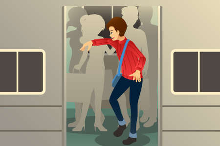 A vector illustration of Men Standing Inside a Train のイラスト素材