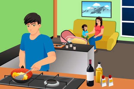 A vector illustration of Father Cooking While Mother and Kids in the Living Room Relaxingのイラスト素材
