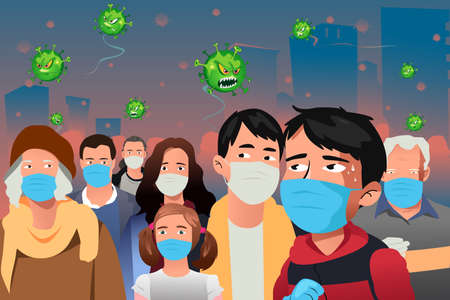 A vector illustration of Virus Epidemic Attacking People Wearing Masks