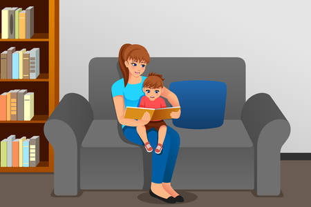 A vector illustration of Mother Reading to Her Daughter At Homeのイラスト素材