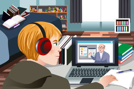 A vector illustration of Student Learning Online at Home のイラスト素材