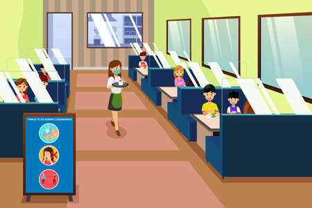 A vector illustration of People Eating in a Restaurant During Pandemicのイラスト素材