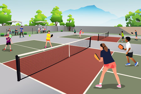 A vector illustration of kids playing pickleball in a parkのイラスト素材