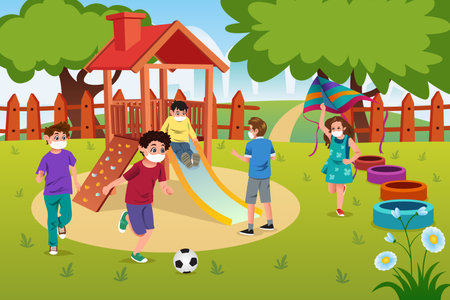 A vector illustration of Kids Playing in the Playground Wearing Masksのイラスト素材