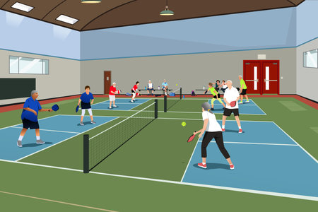 A vector illustration of Elderly People Playing Pickleball Indoorのイラスト素材