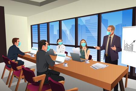 A vector illustration of Business People Meeting in an Office Wearing Maskのイラスト素材
