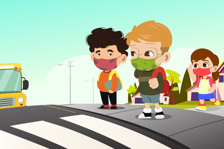 A vector illustration of School Kids Wearing Masks Waiting For School Busのイラスト素材