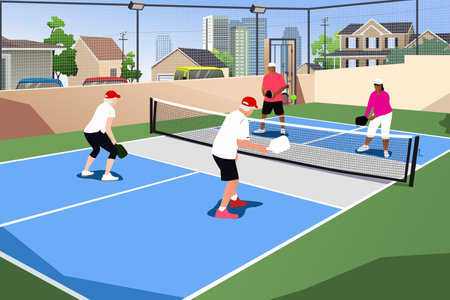 A vector illustration of Elderly People Playing Pickleball Outdoorのイラスト素材