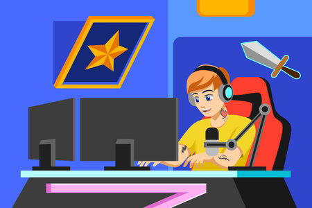 A vector illustration of a young Gamer Playing Gameのイラスト素材