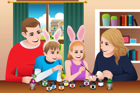 A vector illustration of Happy Family Celebrating Easter Painting Easter Eggのイラスト素材