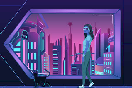 A vector illustration of  Cyberpunk Girl Futuristic Cityscapeのイラスト素材
