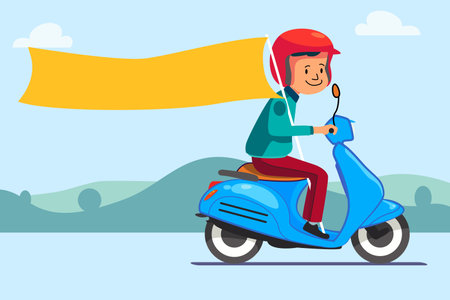 A vector illustration of Scooter Rider Carrying Blank Banner Cartoonのイラスト素材