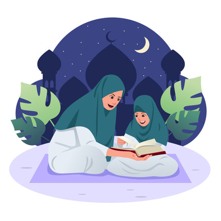 A vector illustration of Muslim Mother and Daughter Reading Koranのイラスト素材