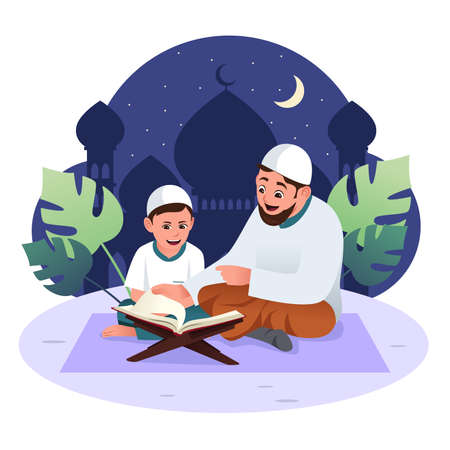 A vector illustration of Muslim Father and Son Studying Quranのイラスト素材