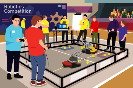 A vector illustration of High School Students in Robotic Competition