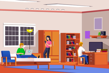 A vector illustration of College Students in a College Dorm Roomのイラスト素材