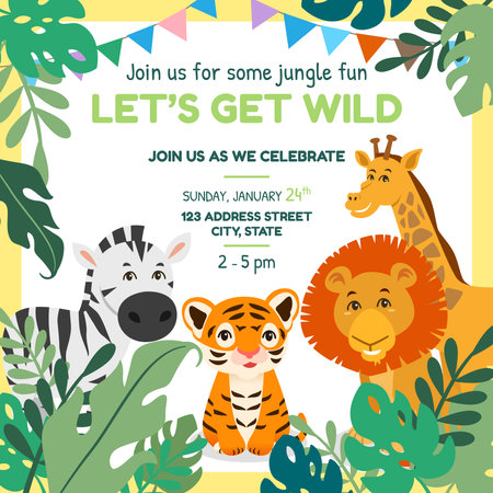 A vector illustration of Wild Jungle Animals Themed Party Invitation Cardのイラスト素材