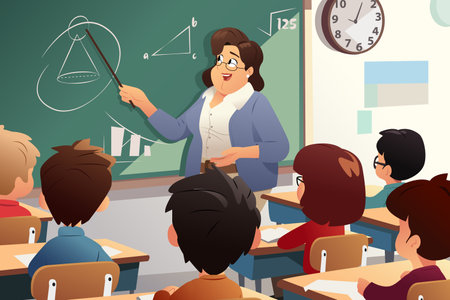 A vector illustration of Teacher Woman Teaching in Classroom Schoolのイラスト素材