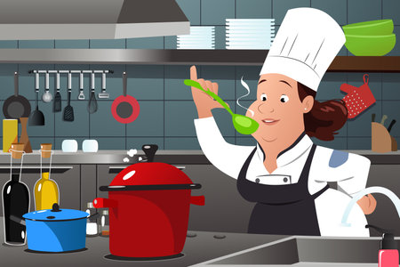 A vector illustration of Chef Woman Cooking in the Kitchenのイラスト素材