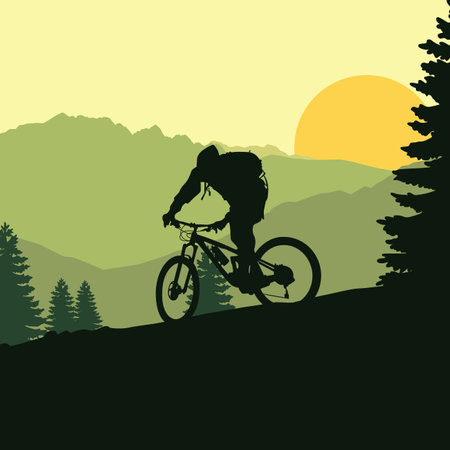 A vector illustration of Silhouette Mountain Biker Riding Bikeのイラスト素材