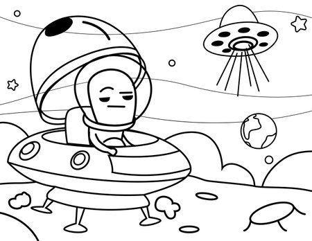 A vector illustration of Outer Space Aliens UFO Outline Coloring Pageのイラスト素材