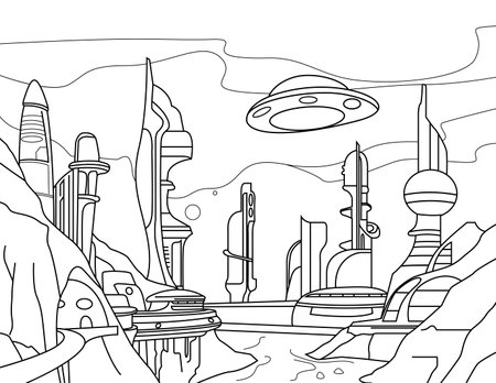 A vector illustration of Outer Space City Outline Coloring Pageのイラスト素材