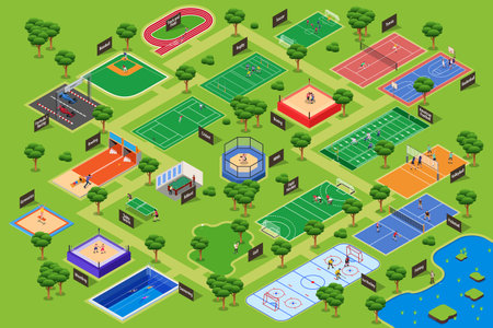 A vector illustration of Isometric Different Sport Courts Map in a Parkのイラスト素材