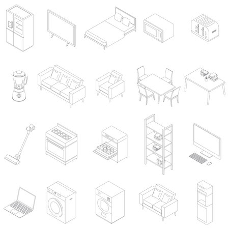 A vector illustration of Isometric Everyday Household Items Outlineのイラスト素材