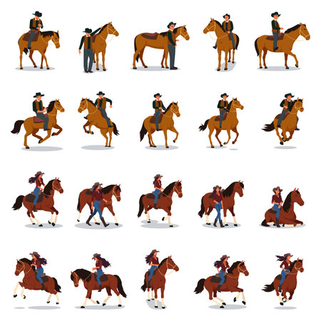 A vector illustration of Cowboys Cowgirl Poses with Horse Iconsのイラスト素材