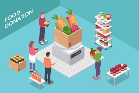 A vector illustration of Isometric Food Donation Conceptのイラスト素材