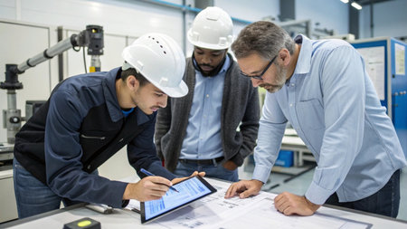 High angle view of a group of engineers discussing over a digital tablet in a factoryの素材