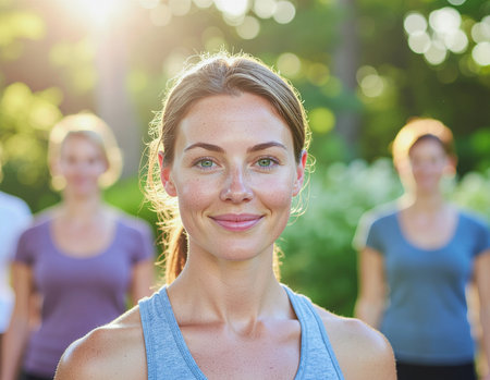 Portrait of smiling woman with group of people exercising in the backgroundの素材