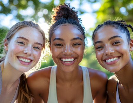 multiethnic group of happy young women smiling and looking at cameraの素材